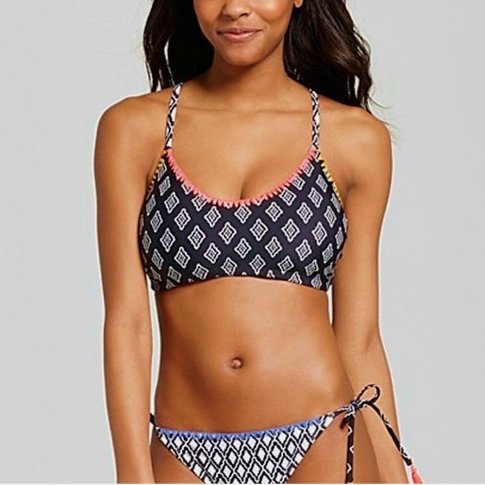 Xhilaration Black Diamond Print Bikini set with Coral and Golden Fringe Trim